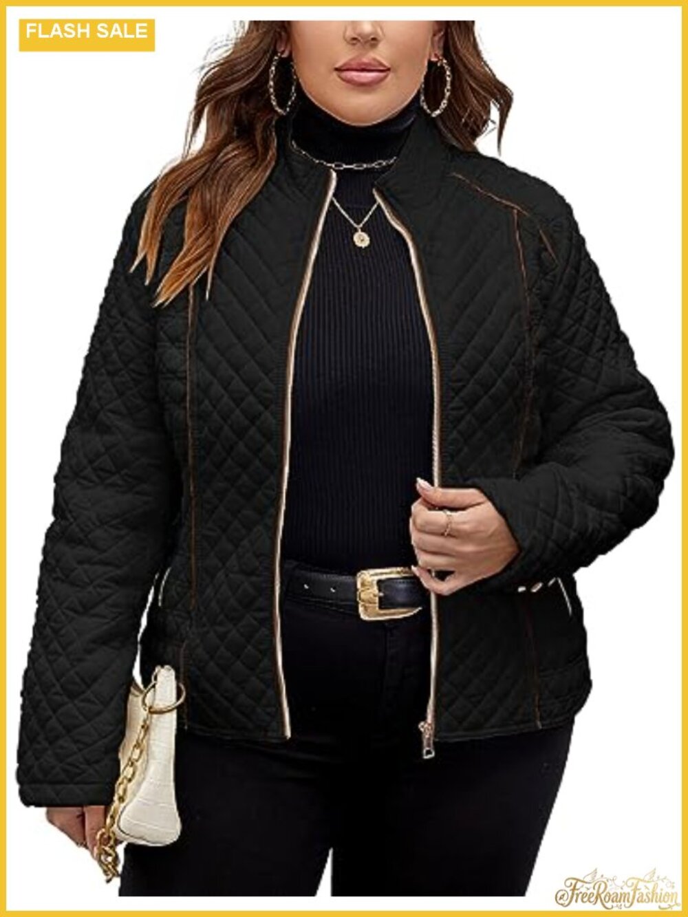 Plus Size Quilted Puffer Jacket Lightweight Spring Fall Zip Pockets